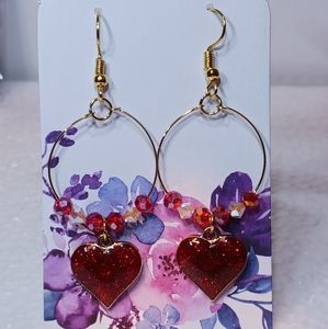 Hand-made Earrings Red enameled Heart charms and crystals on gold-plated wire